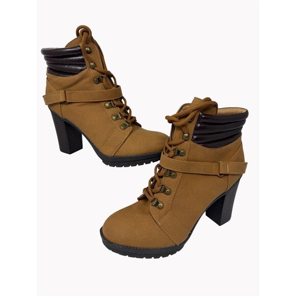Andiamo Shoes - Andiamo Womens Tan Lace Up Heeled Ankle Boots Size 9.5 Faux Leather Zip Booties
